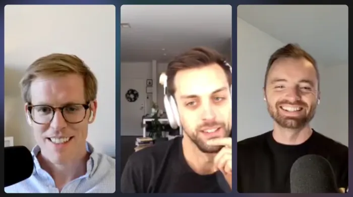 Eric recording a video conversation with David Senra and Mitchell Baldridge