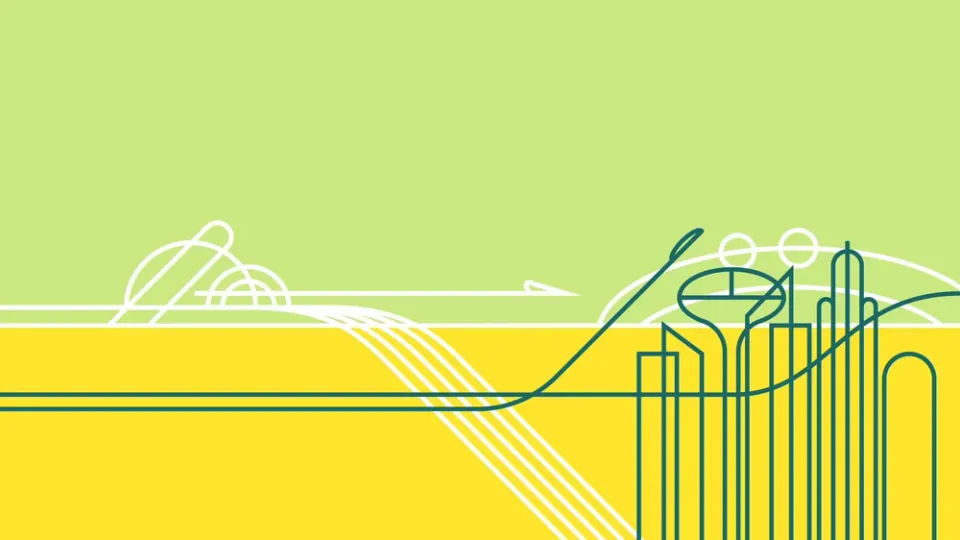 Smart Friends show art: a mint and yellow line drawing of a city skyline
